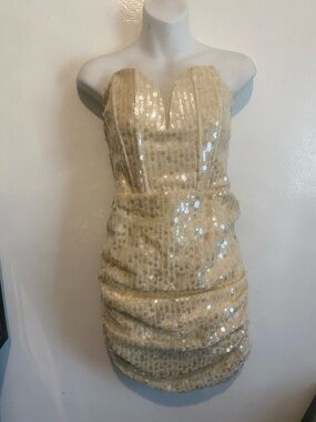 Lovers + Friends Champagne Sequin Strapless Sweetheart Mini Dress